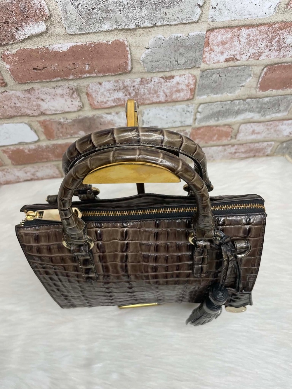 Brahmin Brown Croc-Embossed Leather Tote Bag with Tassel Charm - Picture 7 of 14